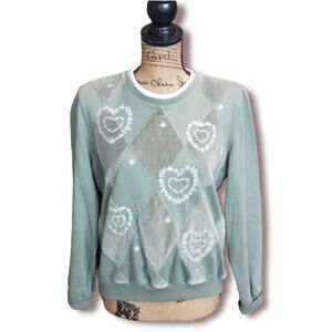 Alfred Dunner Pastel Green Heart & Diamond Design Long Sleeved Crew Neck Sweater